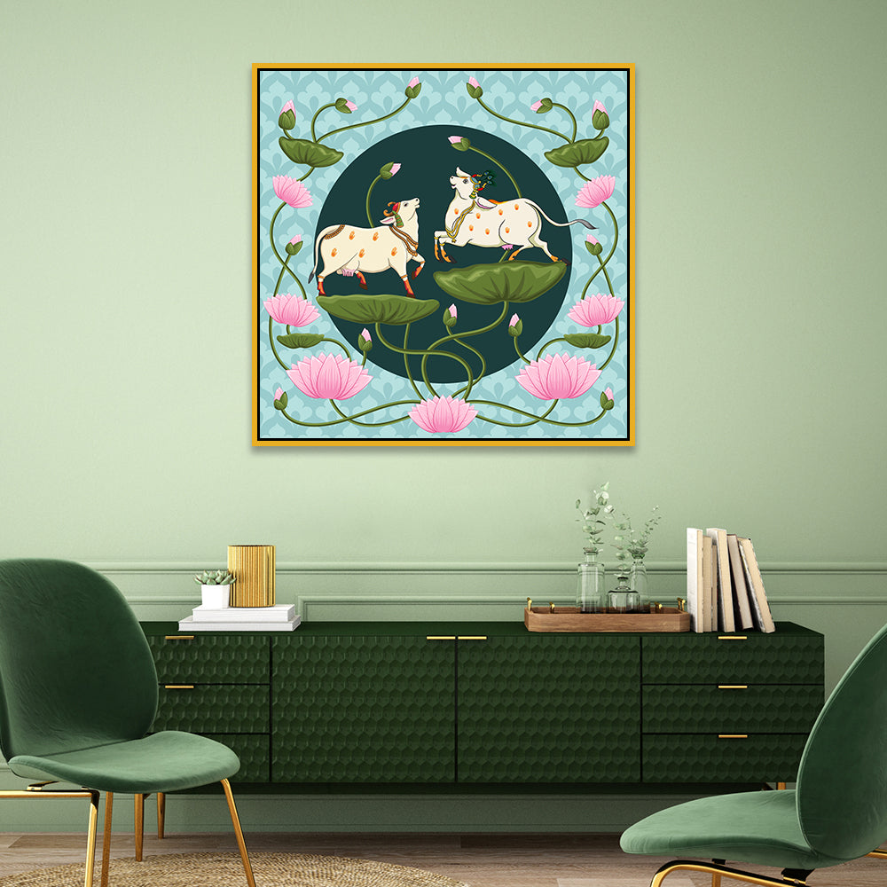 Traditional Pichwai Canvas Painting of Cows with Lotus Flowers