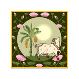 Exquisite Pichwai Canvas Painting with Cow and Lotus Design