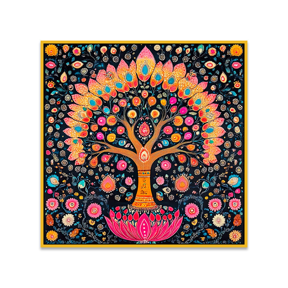 Authentic Madhubani Indian Colorful Wall Painting with Detailed Floral Patterns