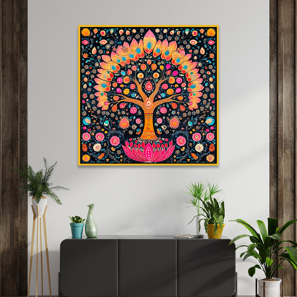 Authentic Madhubani Indian Colorful Wall Painting with Detailed Floral Patterns