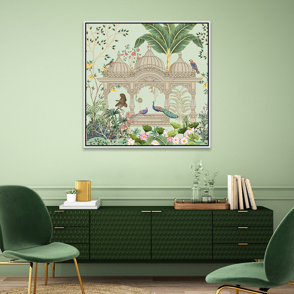 Traditional Mughal Garden Peacock Arch Temple Floating Framed Canvas Painting