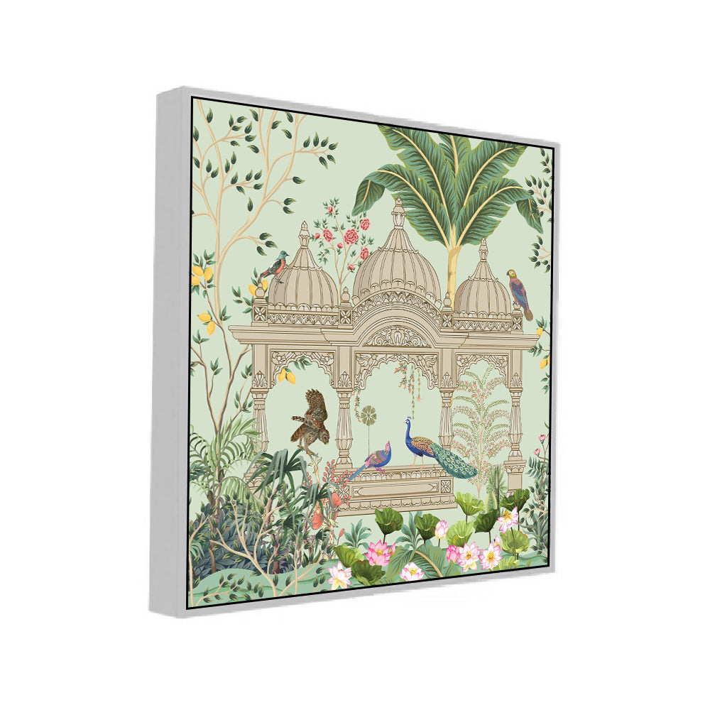Traditional Mughal Garden Peacock Arch Temple Floating Framed Canvas Painting
