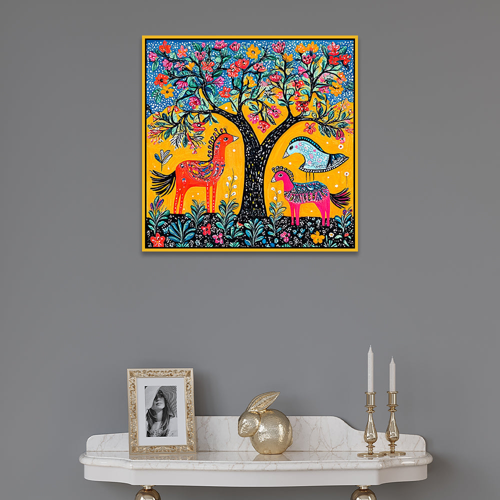 Madhubani Canvas Painting with Nature and Wildlife Depicted in Festive Colors