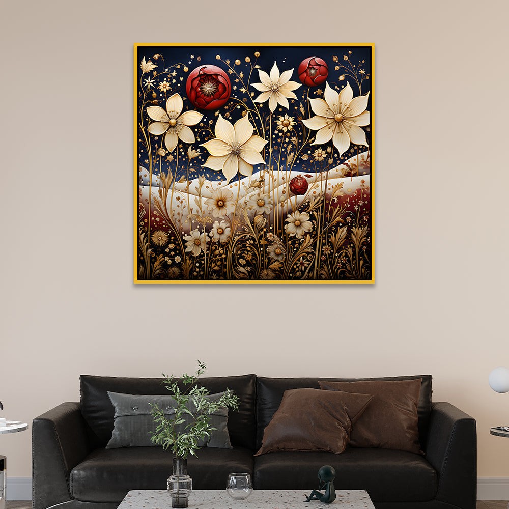 Colorful Abstract Golden Floral Canvas Wall Painting