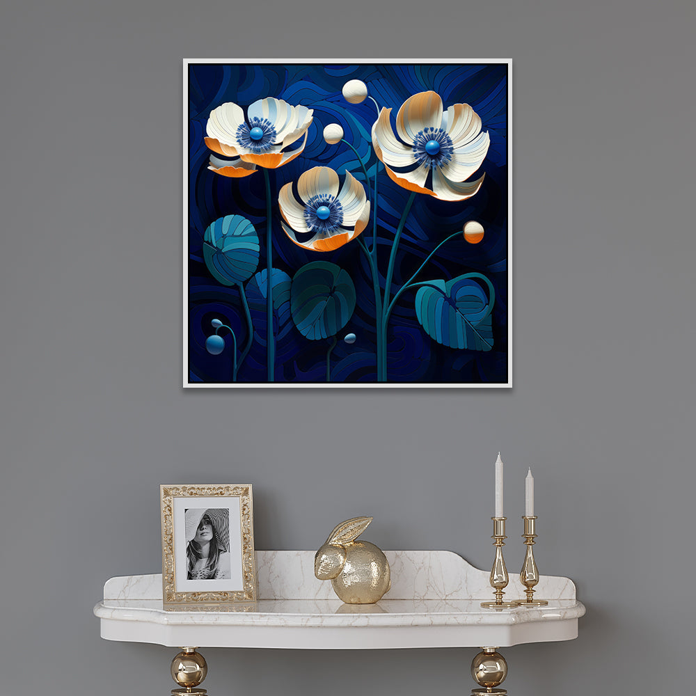 Colorful Surrealistic Flower Art On Blue Background Canvas Wall Painting