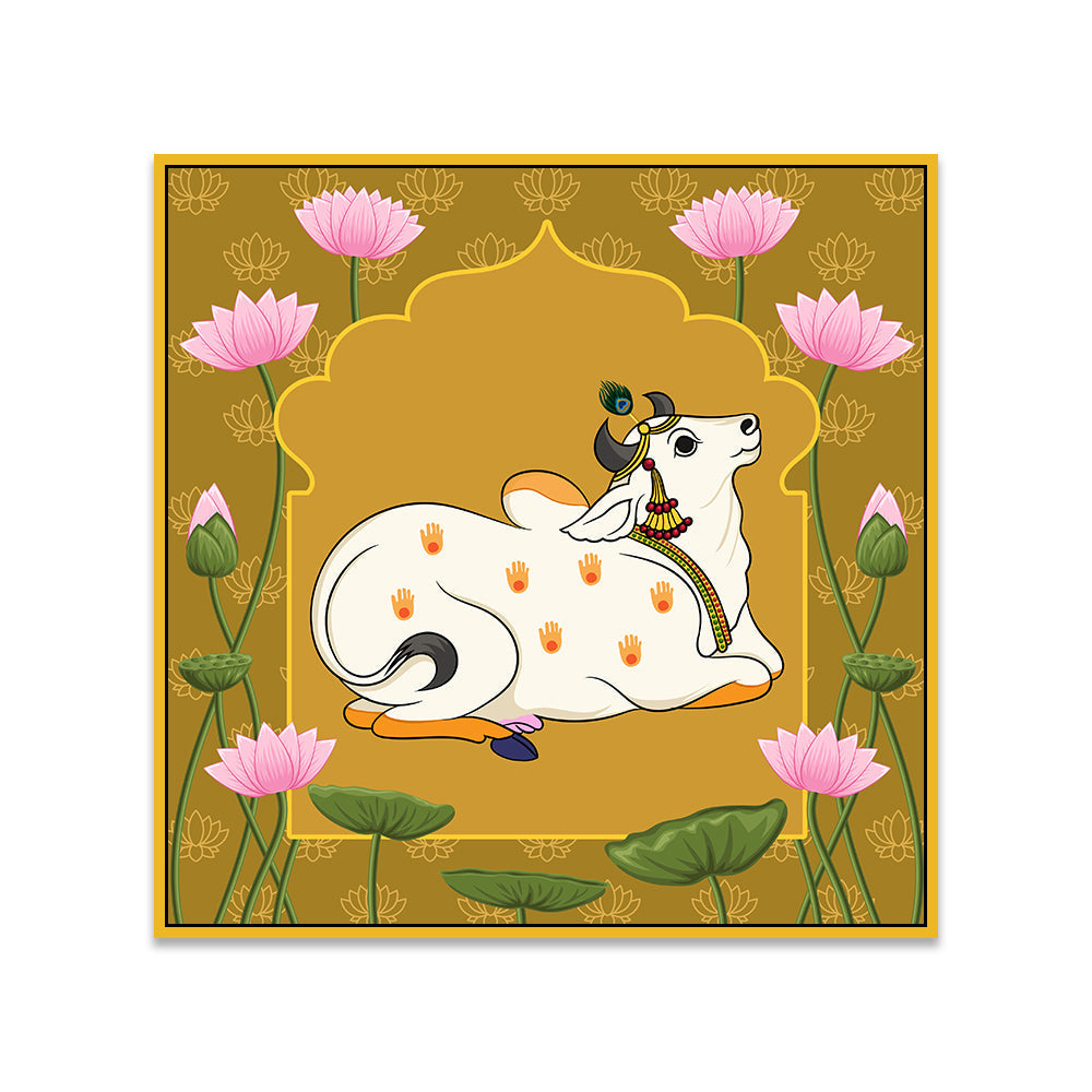 Traditional Pichwai Square Canvas Painting of Cows with Lotus Flowers