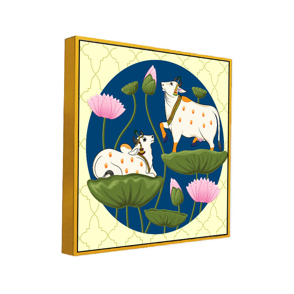 Exquisite Pichwai Square Canvas Painting with Cow and Lotus Design FF052