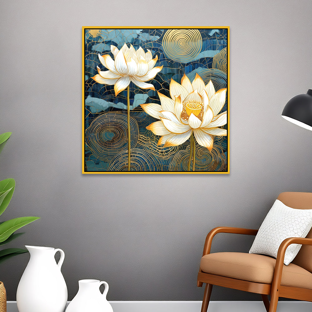 White Lotus Vastu Floral Canvas Wall Painting