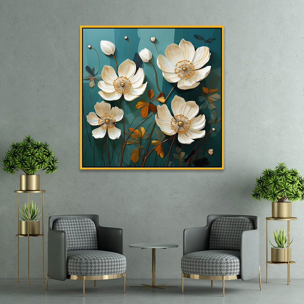 Teal And White Gold Floral 3d Digital Printed Canvas Wall Painting