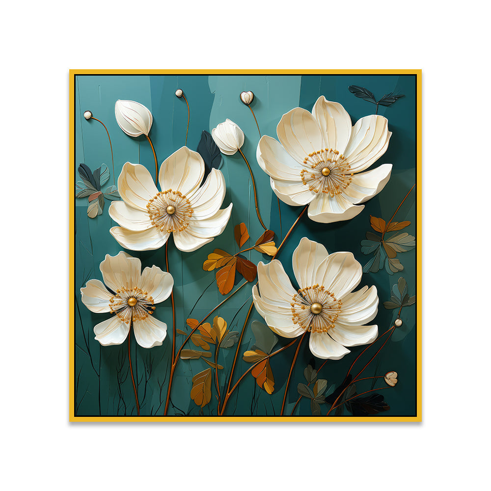 Teal And White Gold Floral 3d Digital Printed Canvas Wall Painting