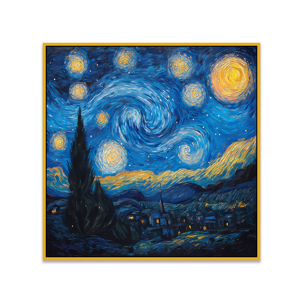 Abstract Wall Painting of Swirling Night Sky Filled with Stars and Bright Moon Over a Village