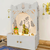 Beautiful Design of Shri Ganesh Floor Temple with Spacious Wooden Shelf & Inbuilt Focus Light- White Finish