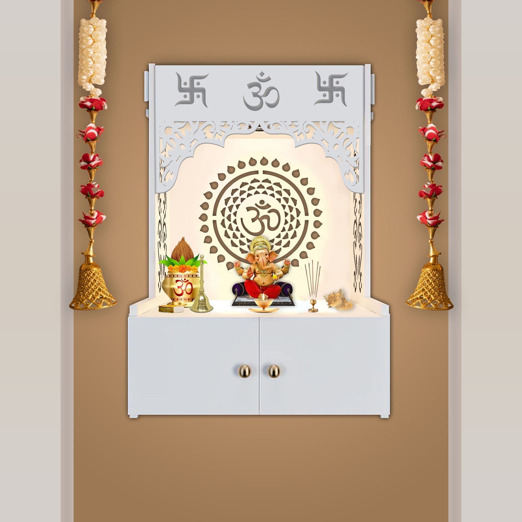 Designer Om Chakra White MDF Wood Temple with Inbuilt Focus Light & Spacious Shelf