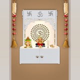 Designer Om Chakra White MDF Wood Temple with Inbuilt Focus Light & Spacious Shelf