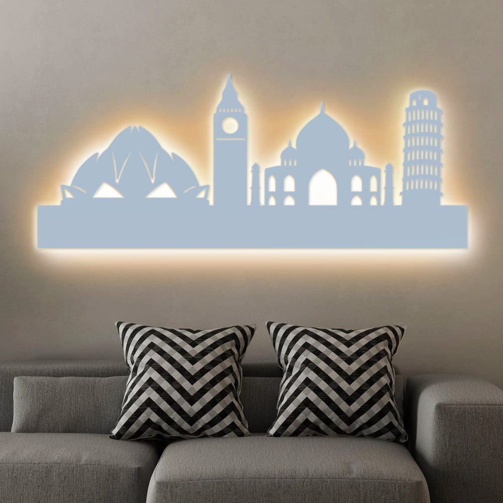 Famous Architectures Backlit Design Wooden Wall Hanging with LED Night Light Walnut Finish