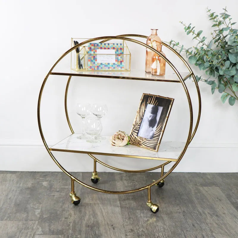 Elegant Gold Marble Round Bar Cart Drinks Trolley