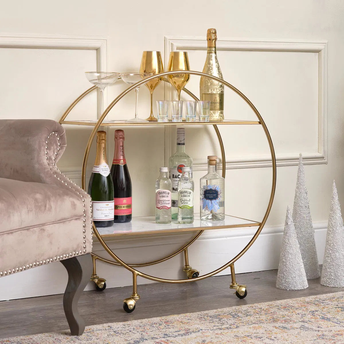Elegant Gold Marble Round Bar Cart Drinks Trolley