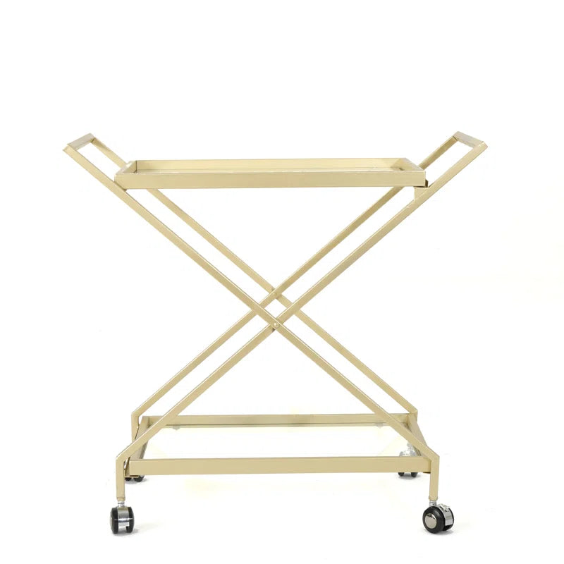 Elegant Golden Finish Drink Cart With Crossed Metal Frame