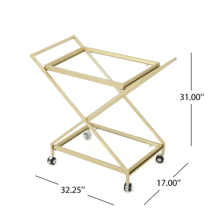 Elegant Golden Finish Drink Cart With Crossed Metal Frame