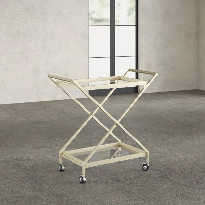 Elegant Golden Finish Drink Cart With Crossed Metal Frame