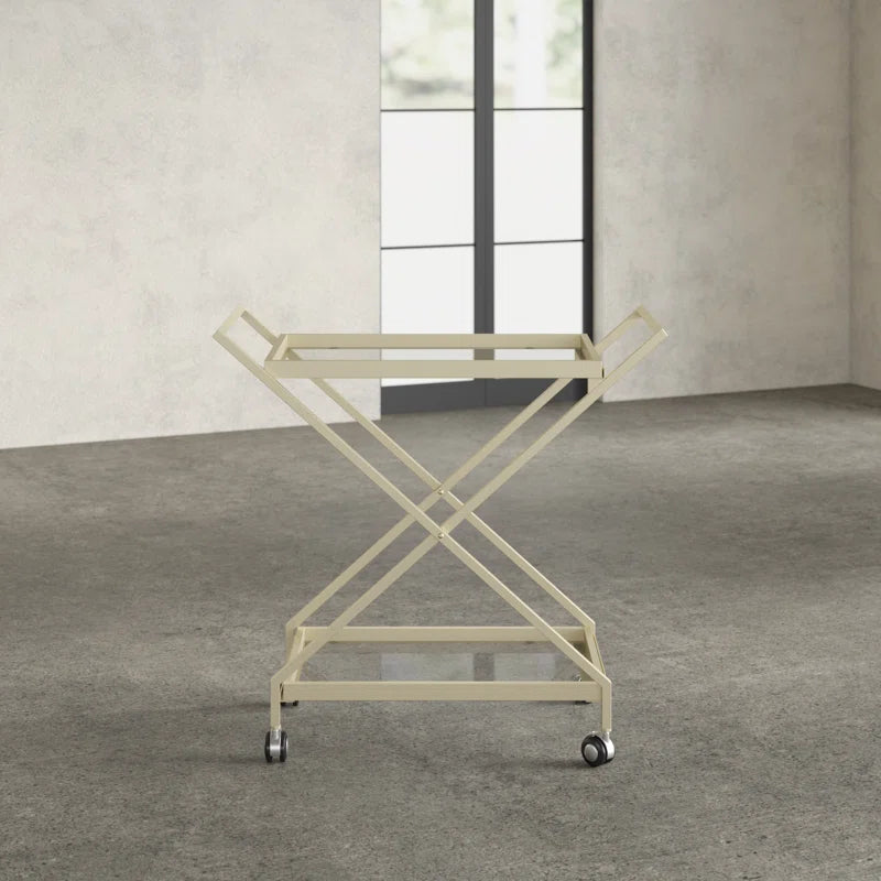 Elegant Golden Finish Drink Cart With Crossed Metal Frame
