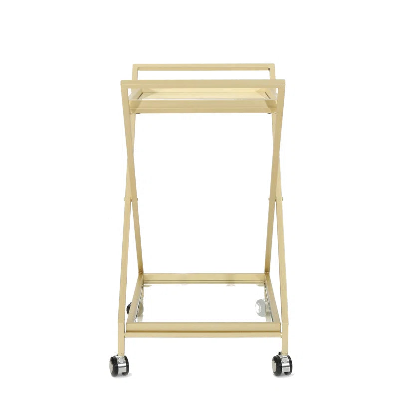 Elegant Golden Finish Drink Cart With Crossed Metal Frame