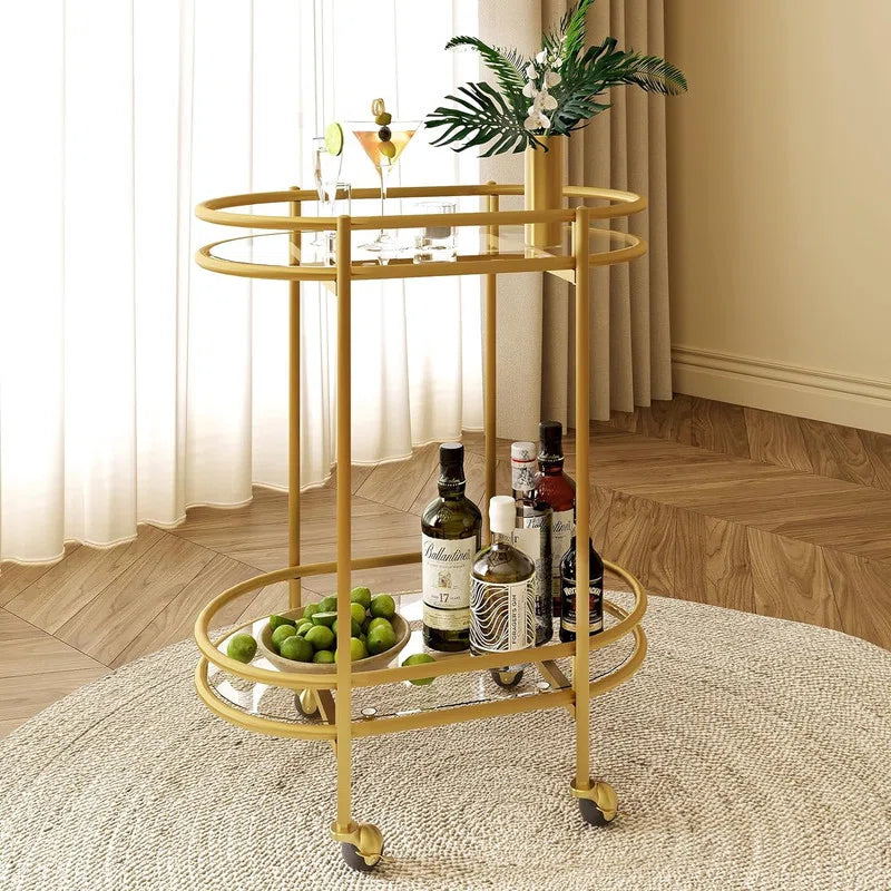 Elegant Modern Bar Cart Trolley With Golden Steel Frame