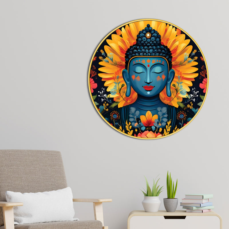 Spiritual Golden Gautam Buddha Lotus Round Wall Painting