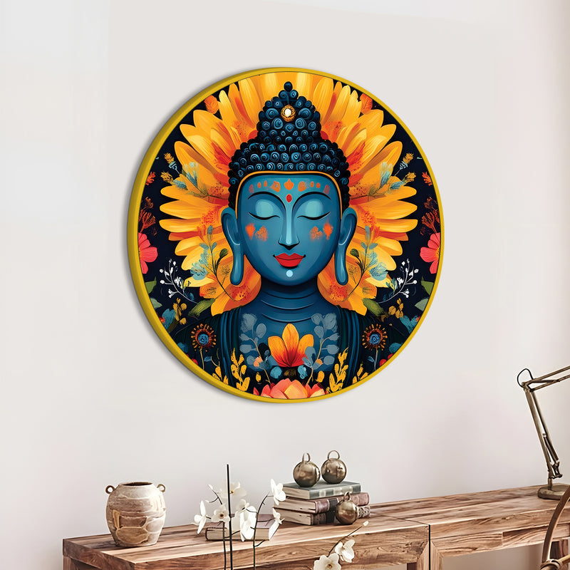 Spiritual Golden Gautam Buddha Lotus Round Wall Painting