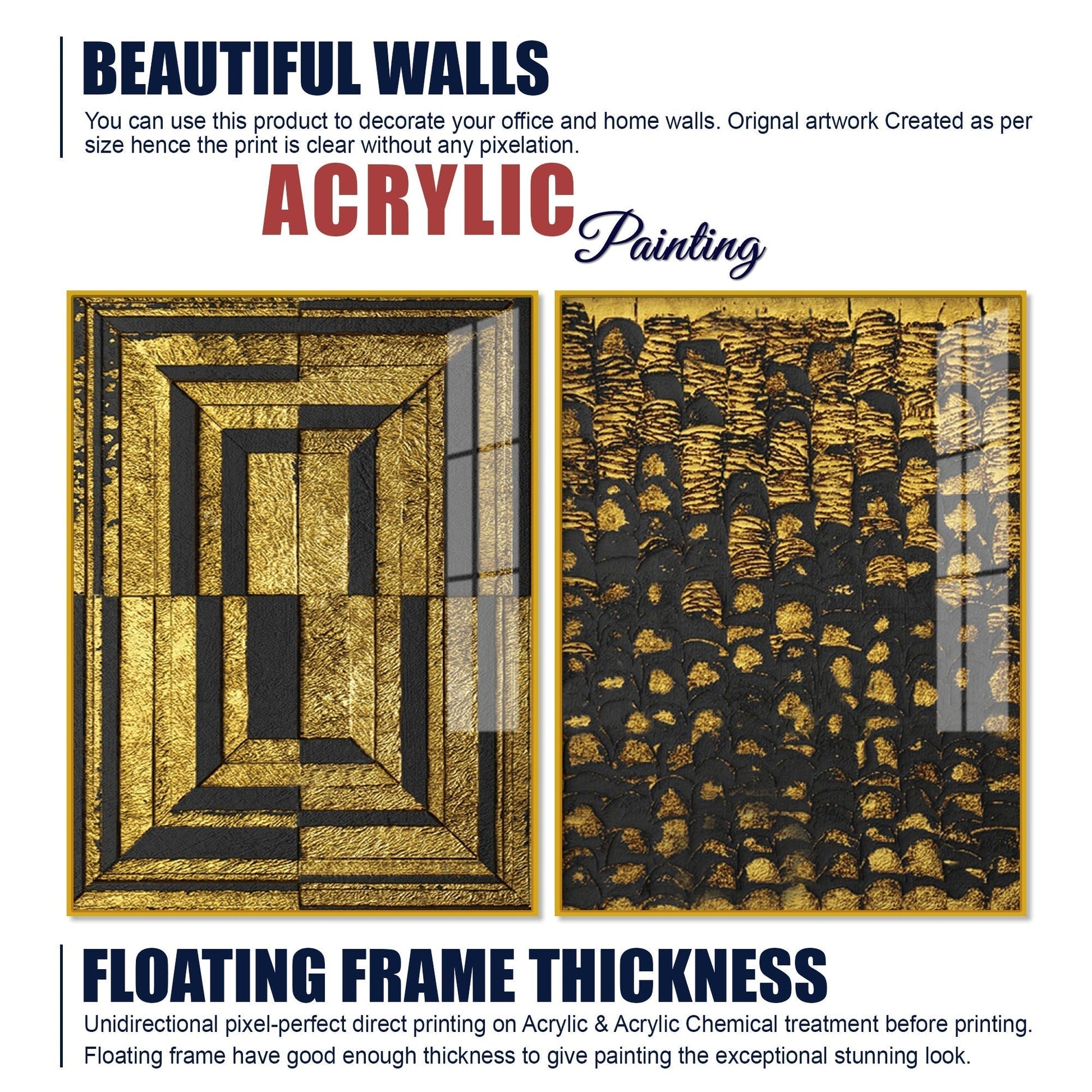 Golden Abstract Artistic Shapes Art Acrylic Floating Wall Painting Set of 2