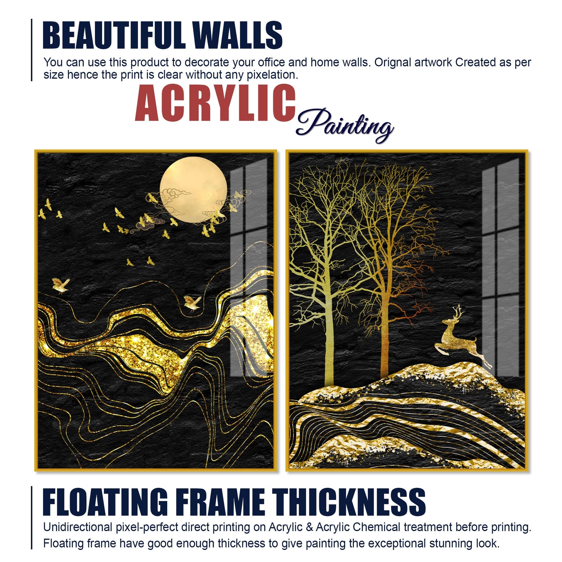 Golden Textured Mountains Art Premium Acrylic Floating Wall Painting Set of 2