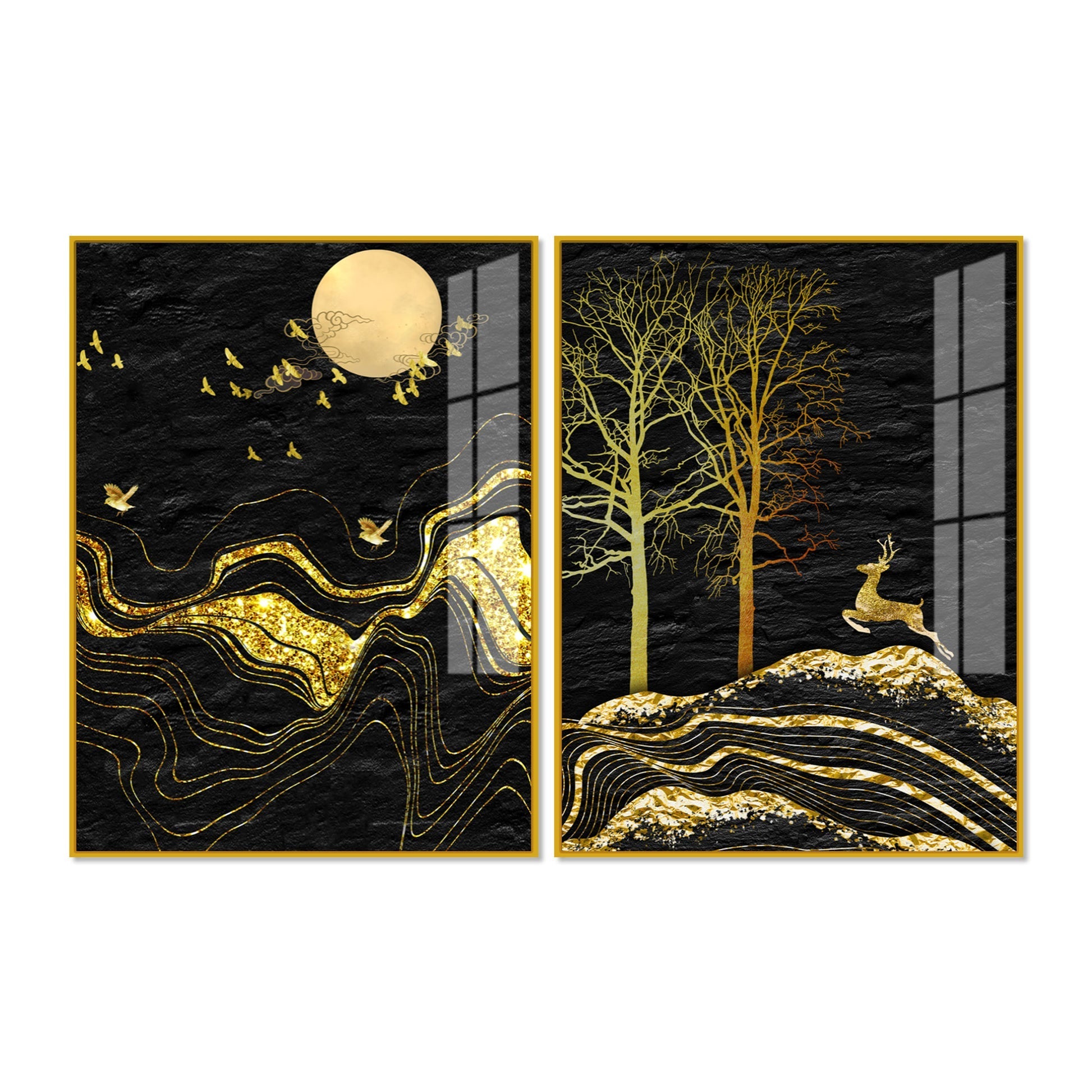 Golden Textured Mountains Art Premium Acrylic Floating Wall Painting Set of 2