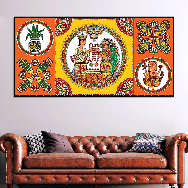 Indian Festive Folk Art Wedding Theme Canvas Wall Painting