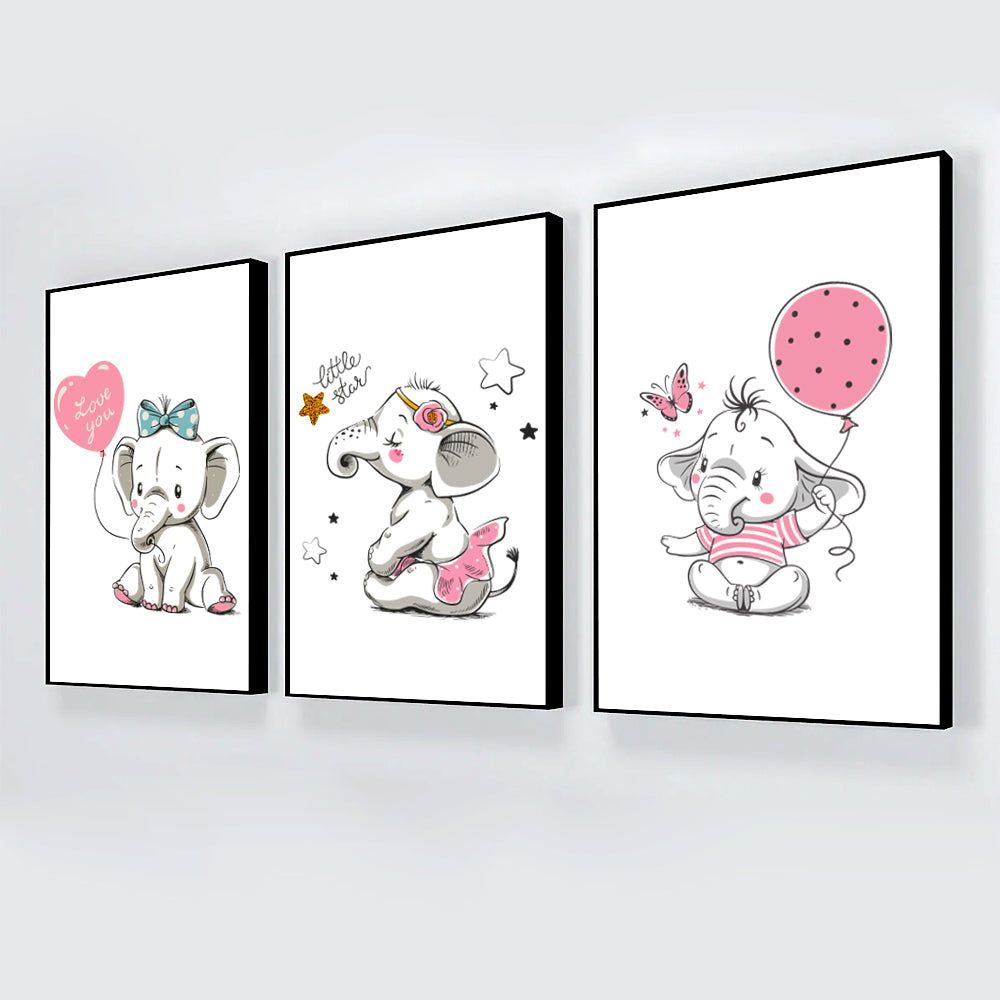 Little Princess Elephant Kids Room Wall Frame Set of 3