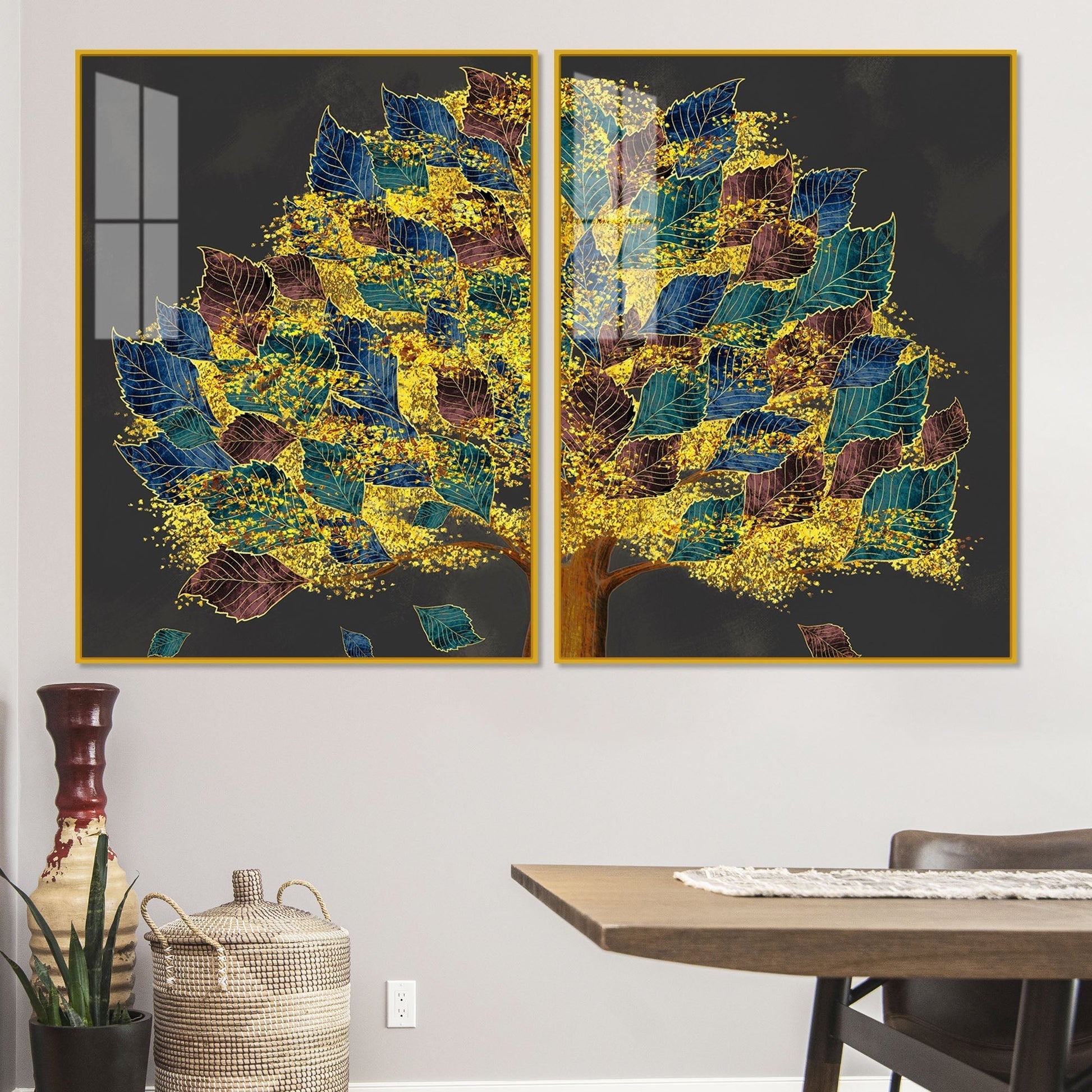 Luxury Golden Shiny Tufted Leaves Tree Acrylic Floating Wall Painting Set of 2