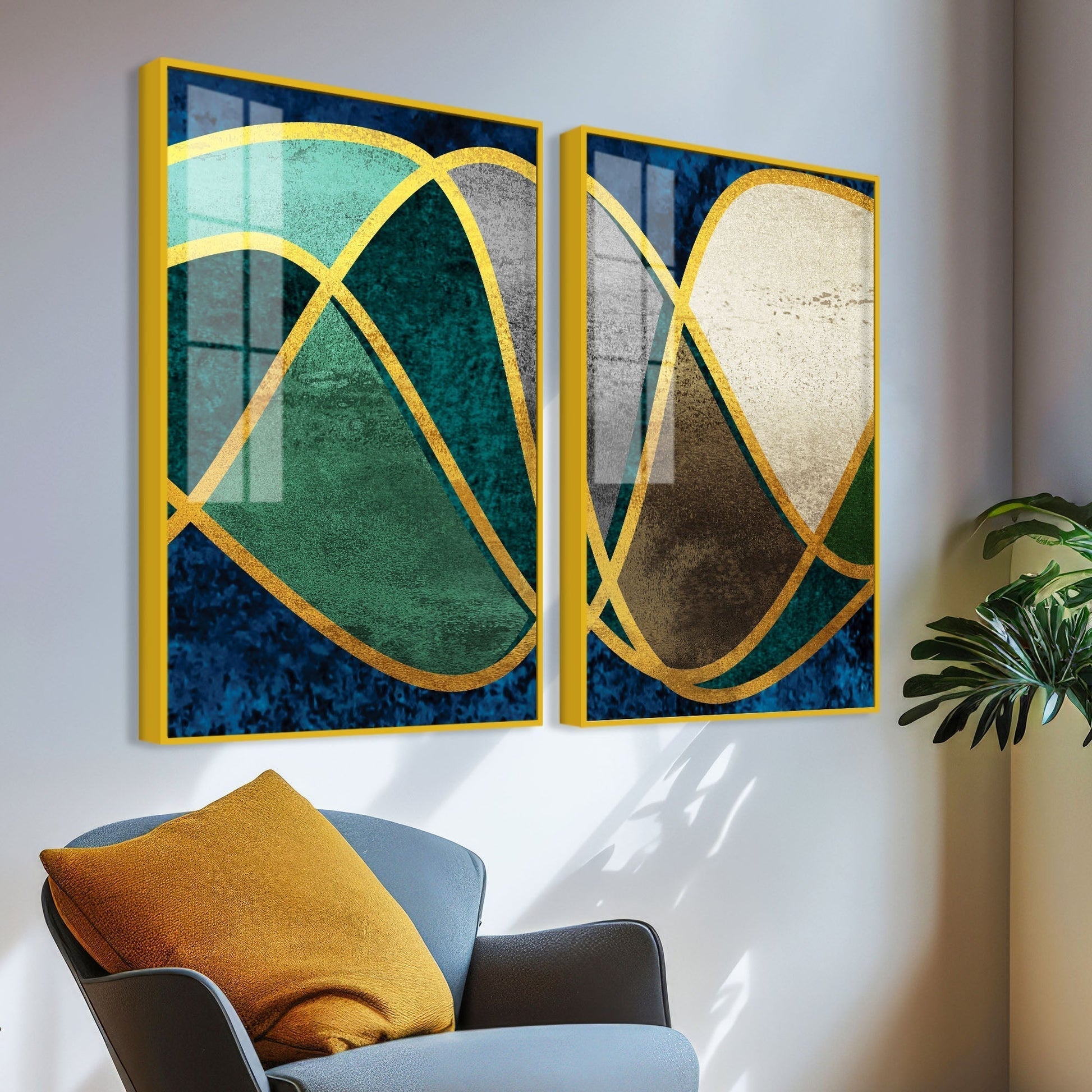 Luxury Golden Waves Line Art Premium Acrylic Floating Wall Painting Set of 2