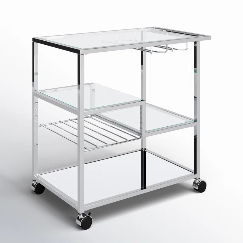 Metallic Minimalist Frame Design Bar Cart Trolley With Glass Shelves