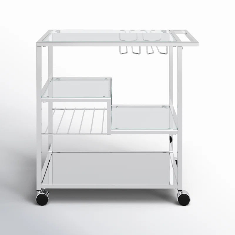 Metallic Minimalist Frame Design Bar Cart Trolley With Glass Shelves