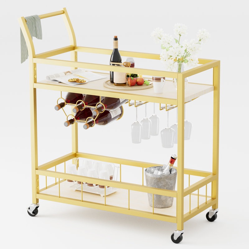 Modern Gold Bar Cart With Built In Wine Storage Trolley