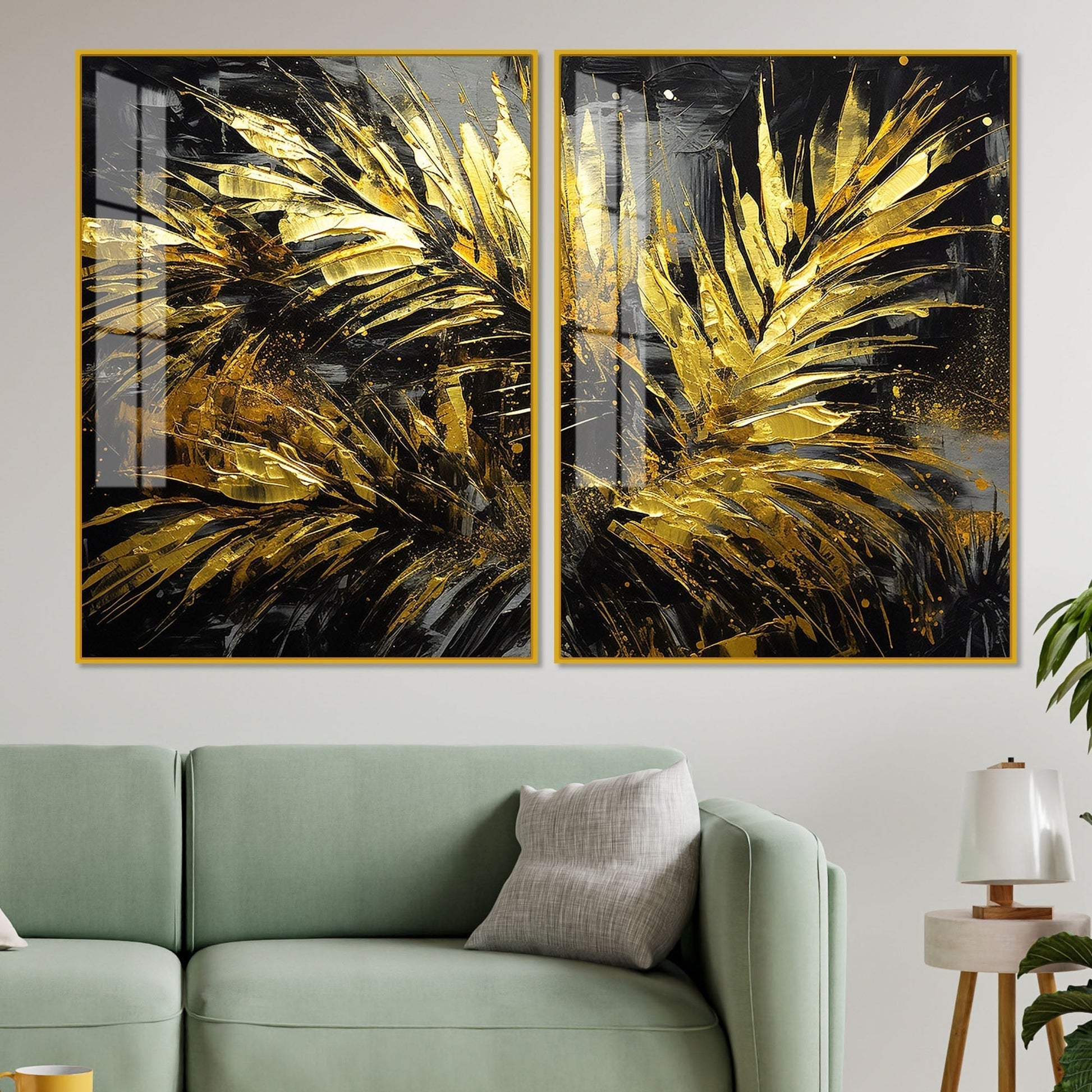 Premium Black and Shiny Gold Palm Leaves Acrylic Floating Wall Painting Set of 2