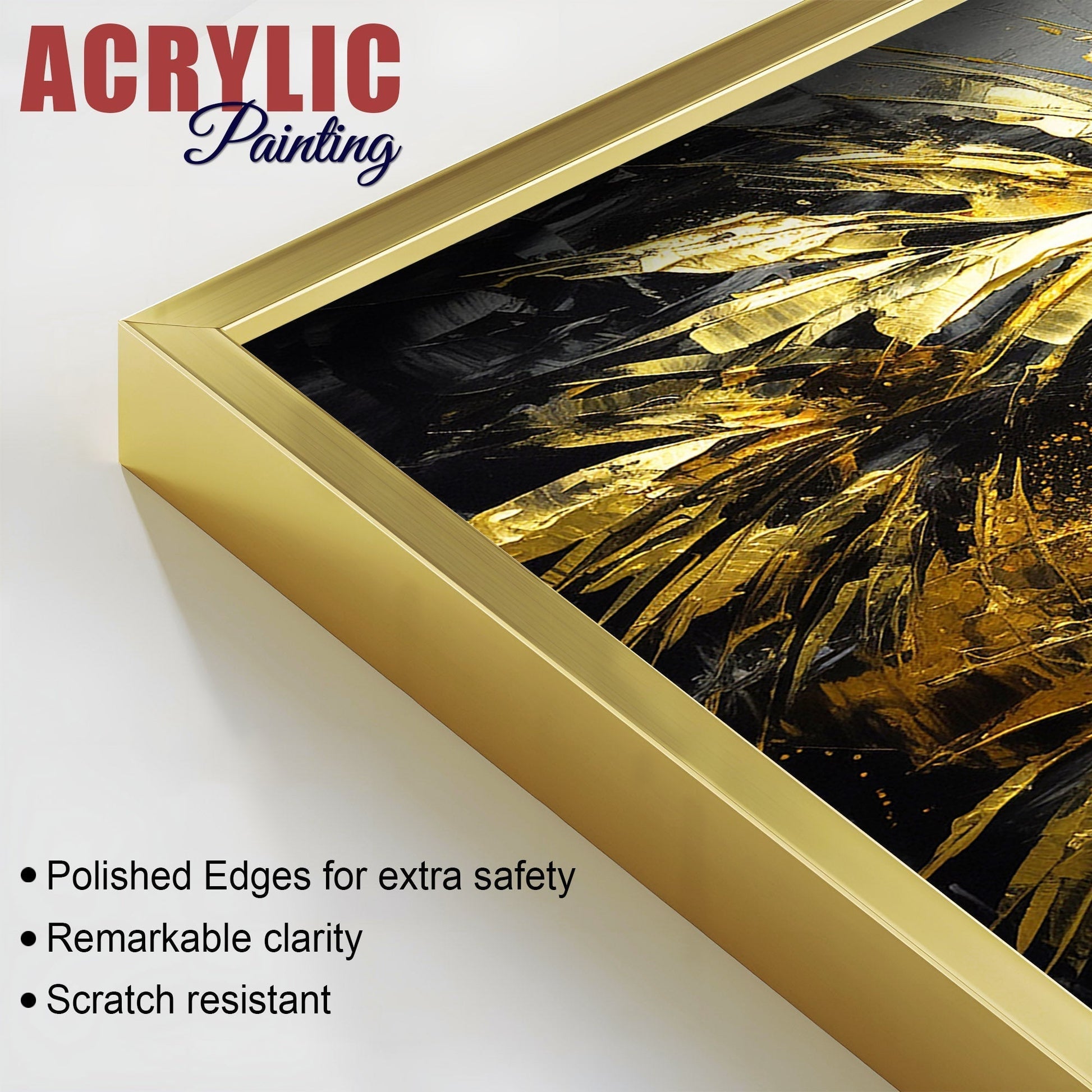 Premium Black and Shiny Gold Palm Leaves Acrylic Floating Wall Painting Set of 2