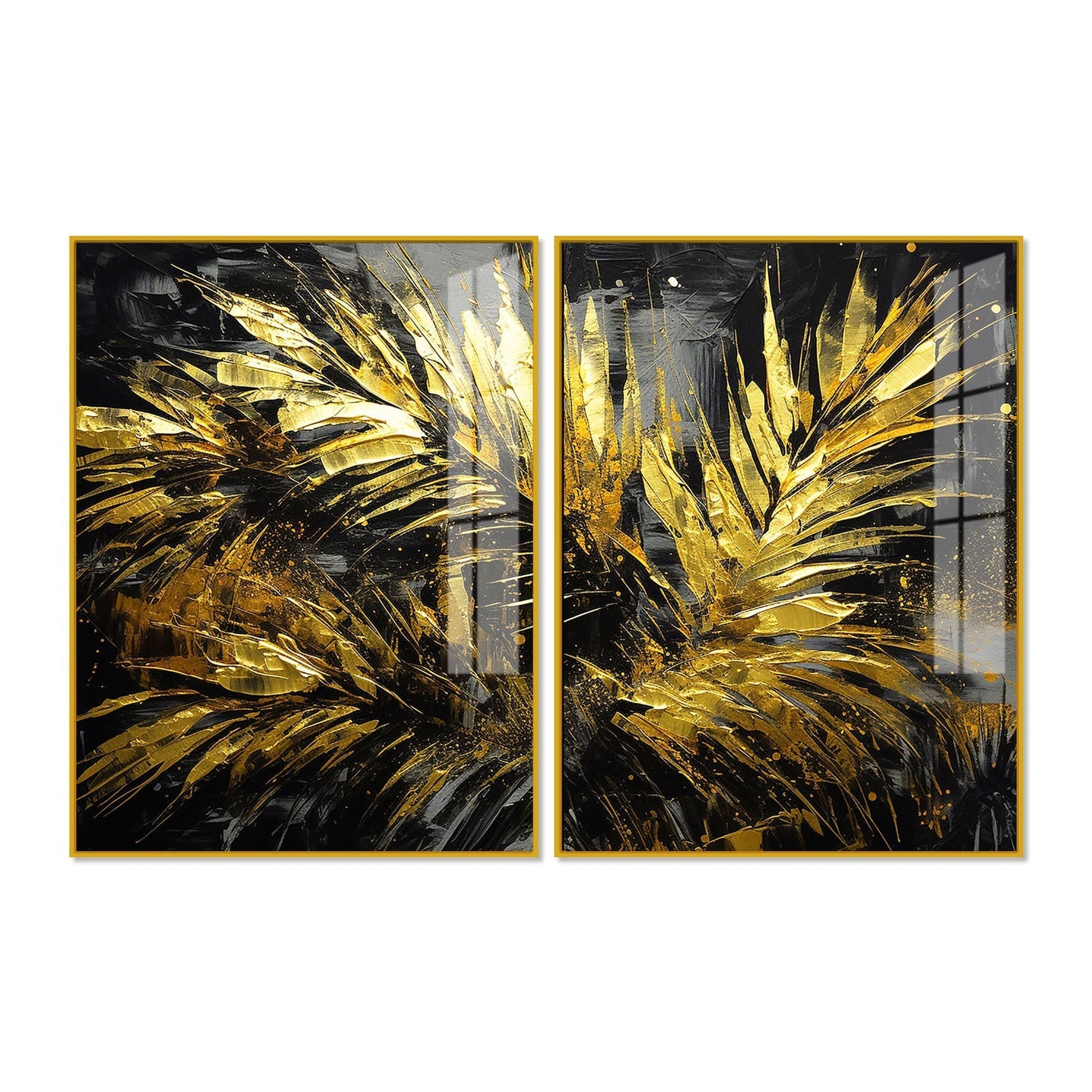 Premium Black and Shiny Gold Palm Leaves Acrylic Floating Wall Painting Set of 2