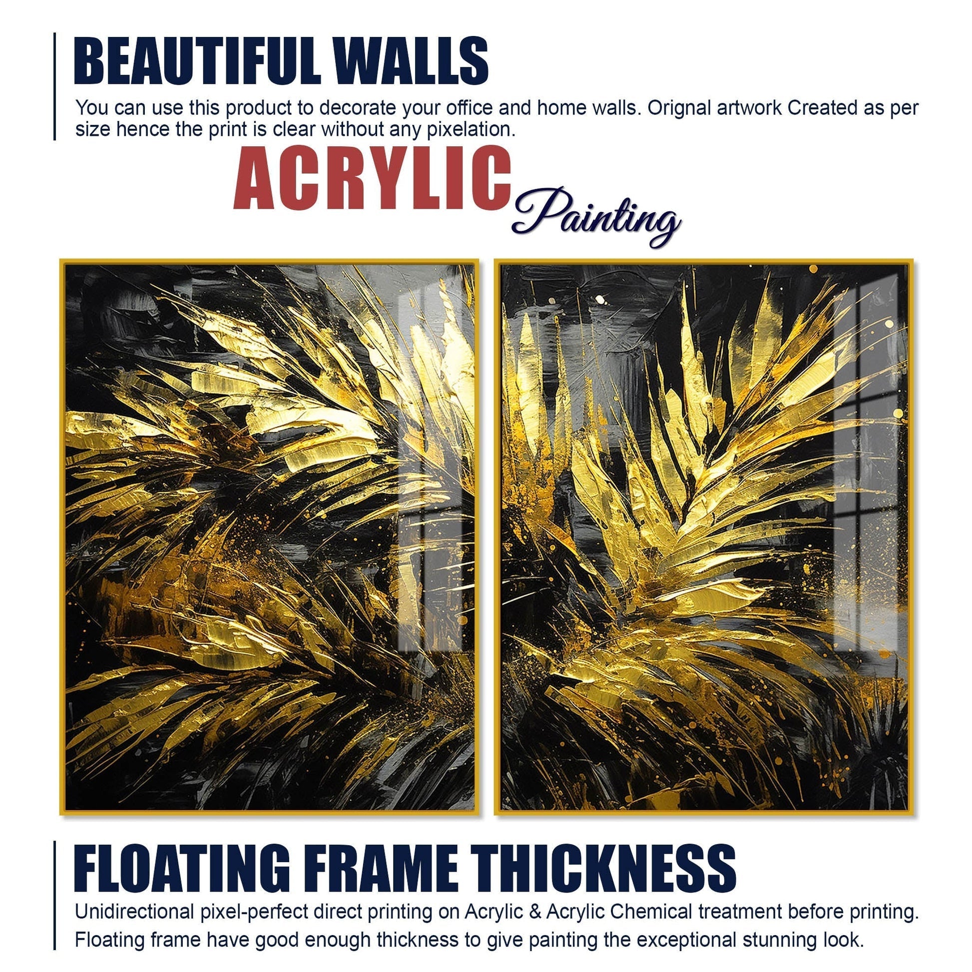 Premium Black and Shiny Gold Palm Leaves Acrylic Floating Wall Painting Set of 2