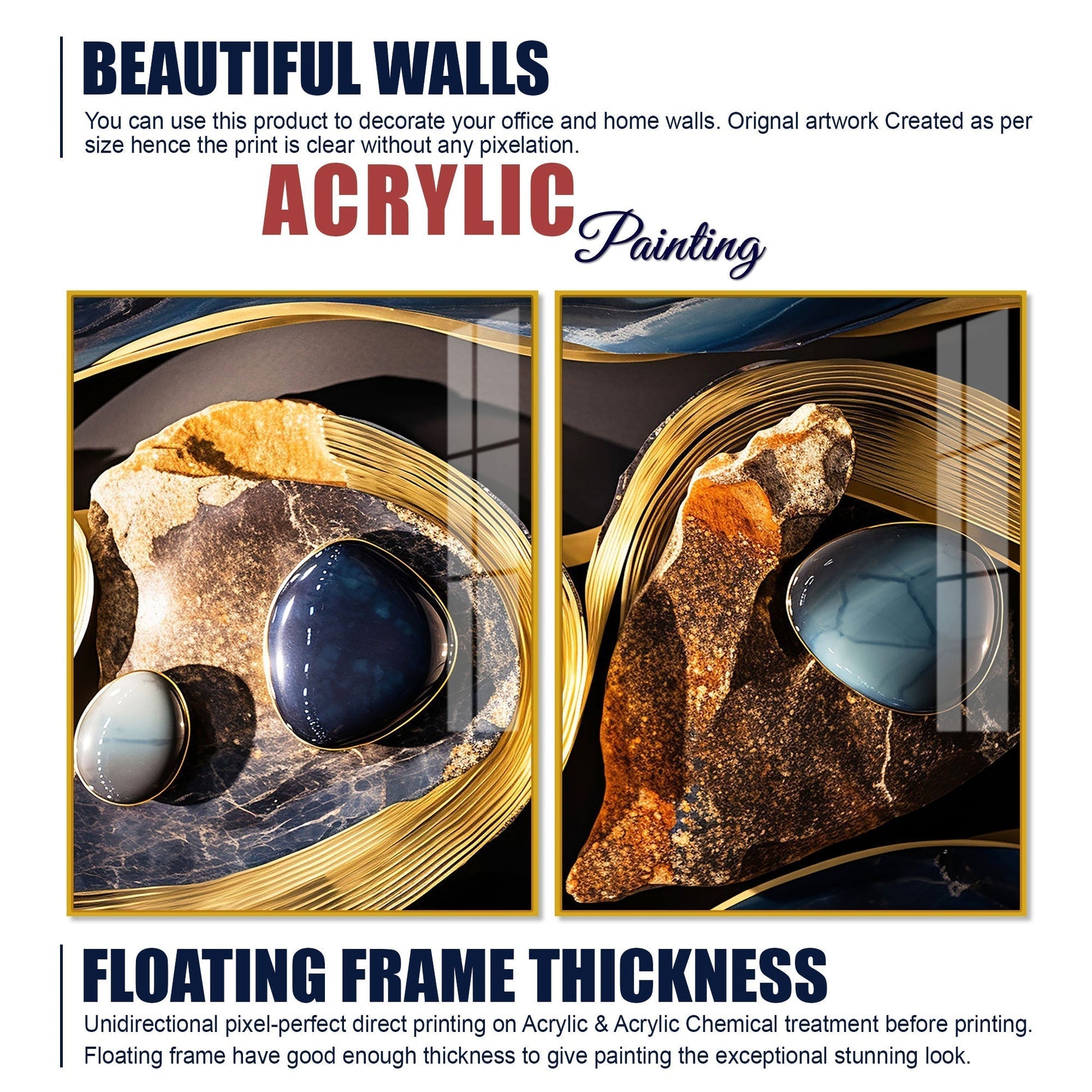 Premium Marble Stone Textural Art Acrylic Floating Wall Painting Set of 2