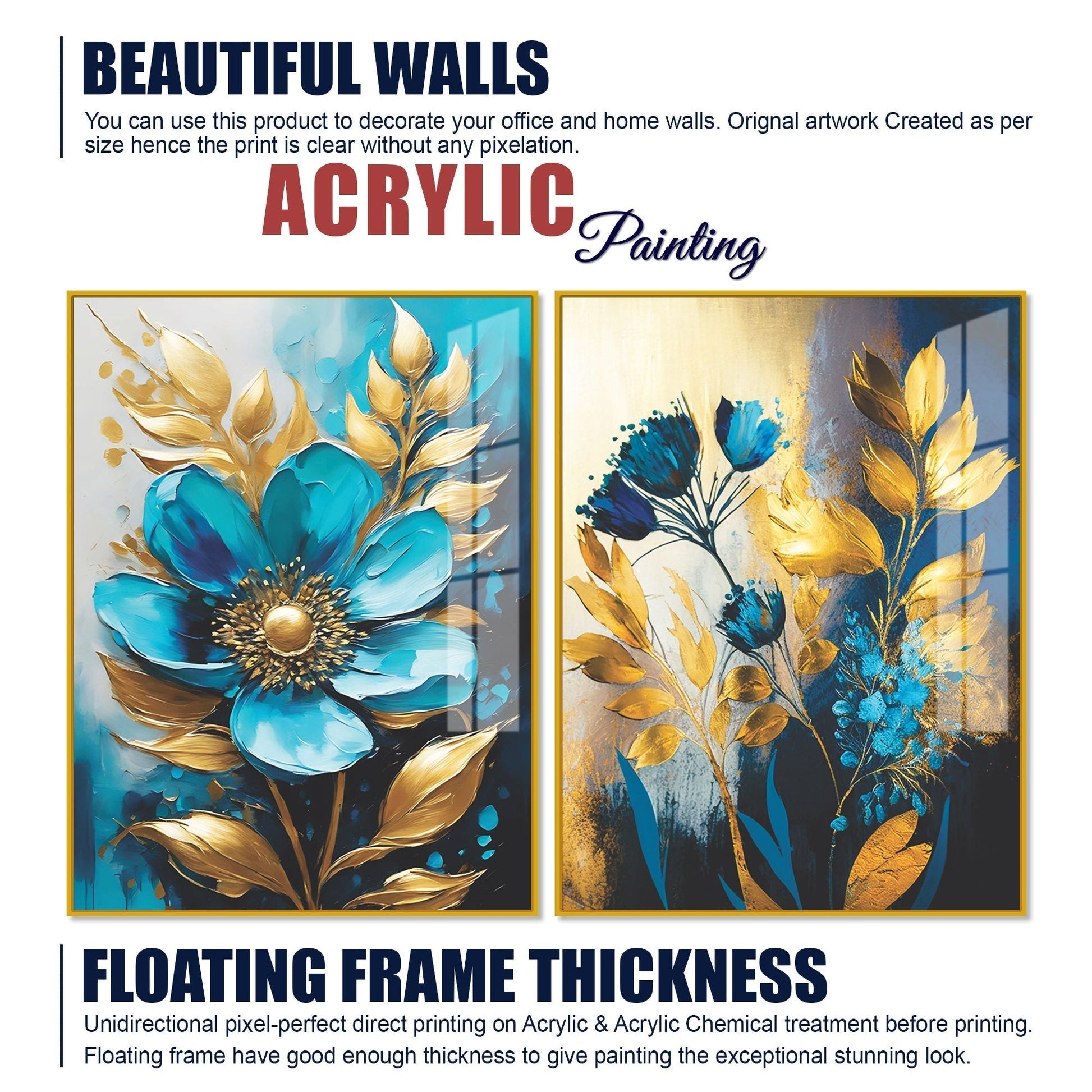 Premium Textural Blue Flower Artistic Acrylic Floating Wall Painting Set of 2
