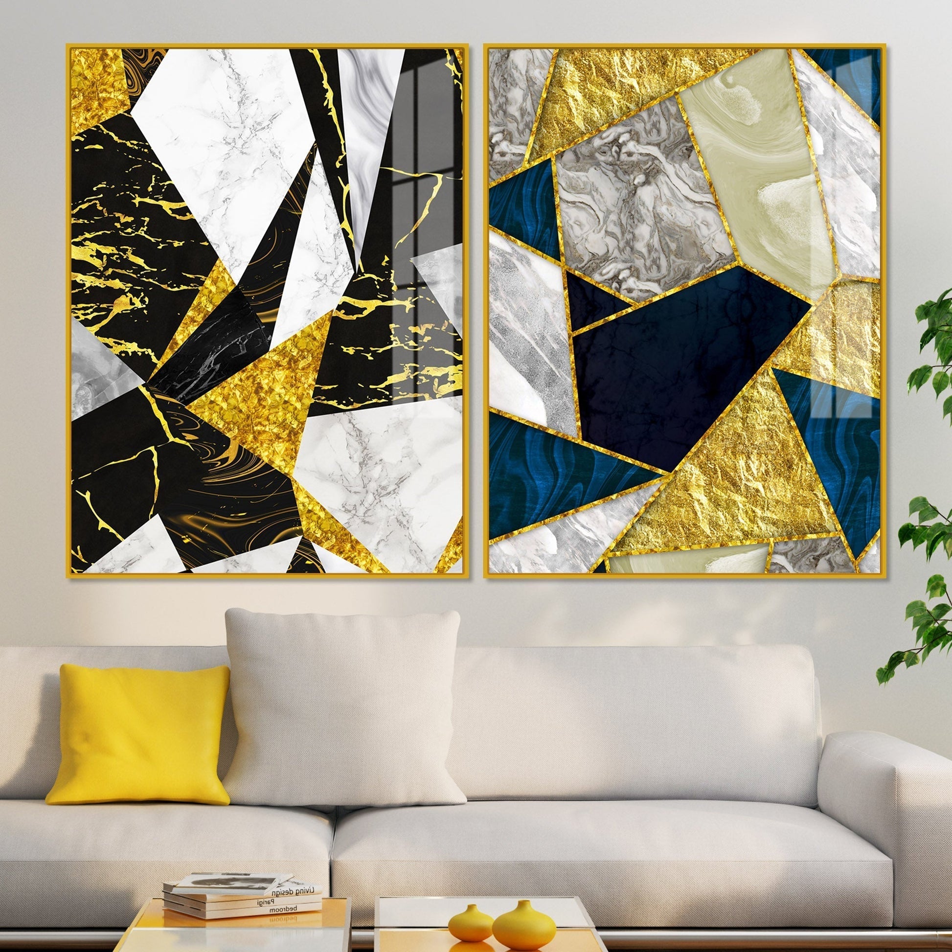 Premium Triangle Pattern Shapes Acrylic Floating Wall Painting Set of 2