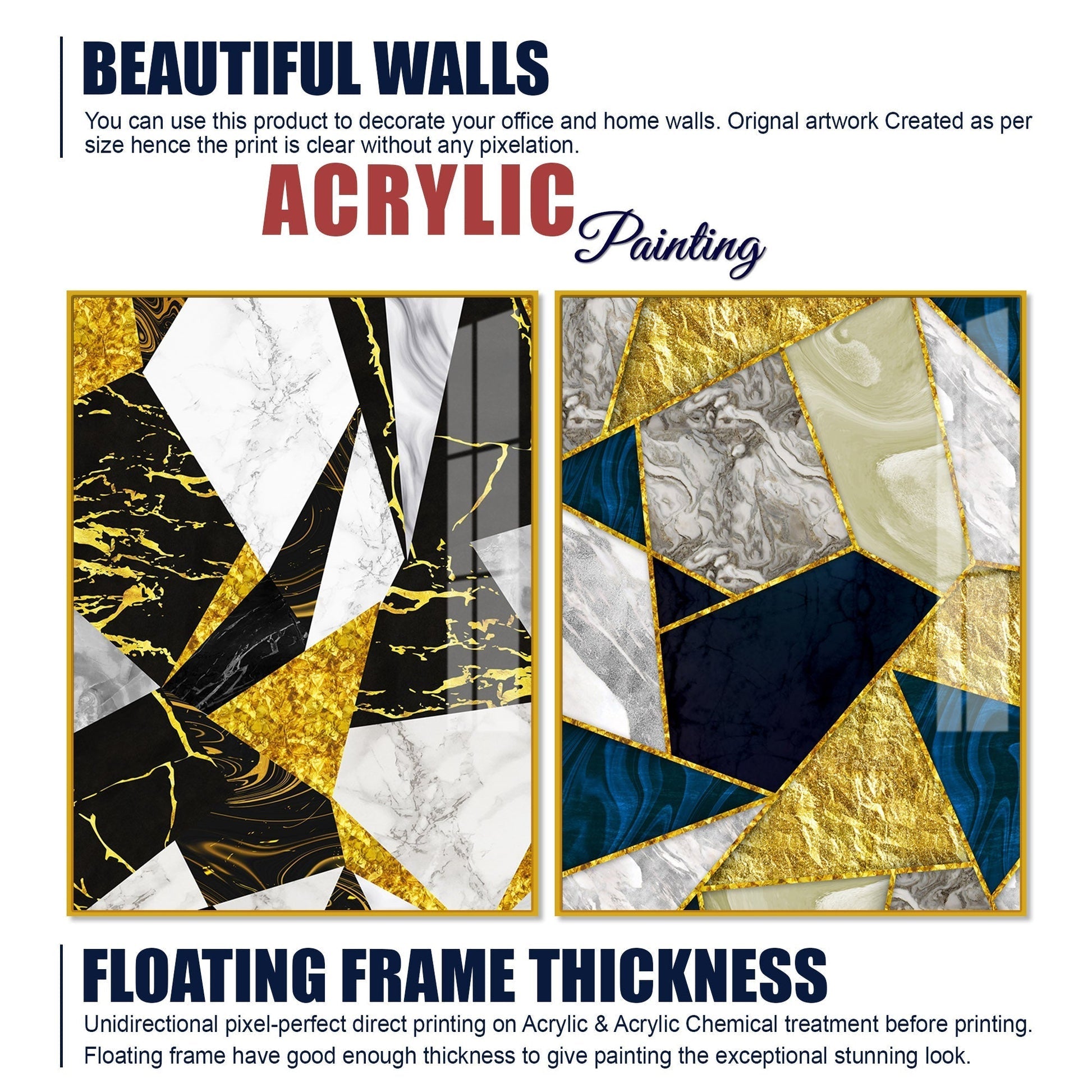 Premium Triangle Pattern Shapes Acrylic Floating Wall Painting Set of 2