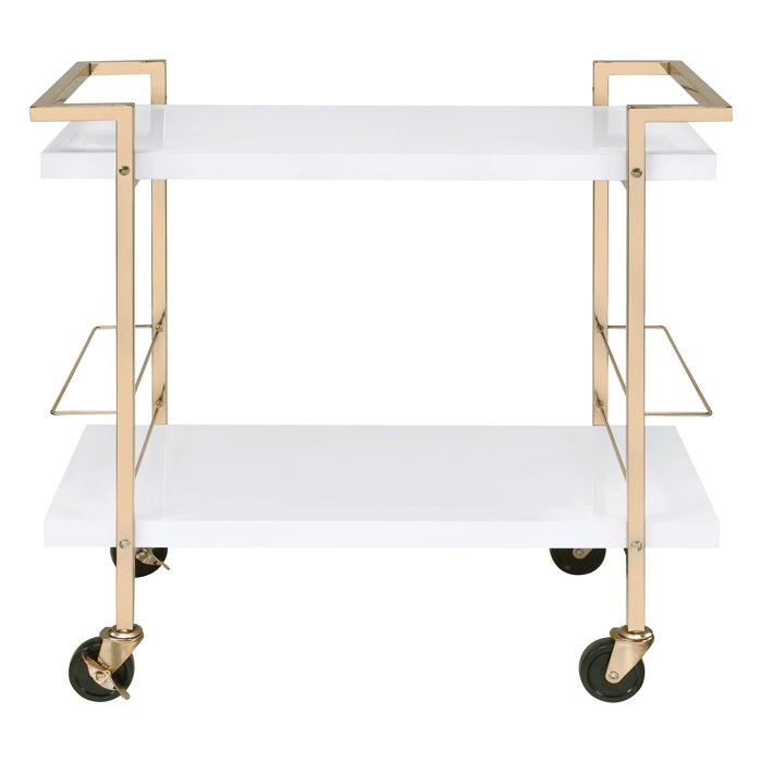 Rolling White Bar Trolley With Sophisticated Golden Metal Finish