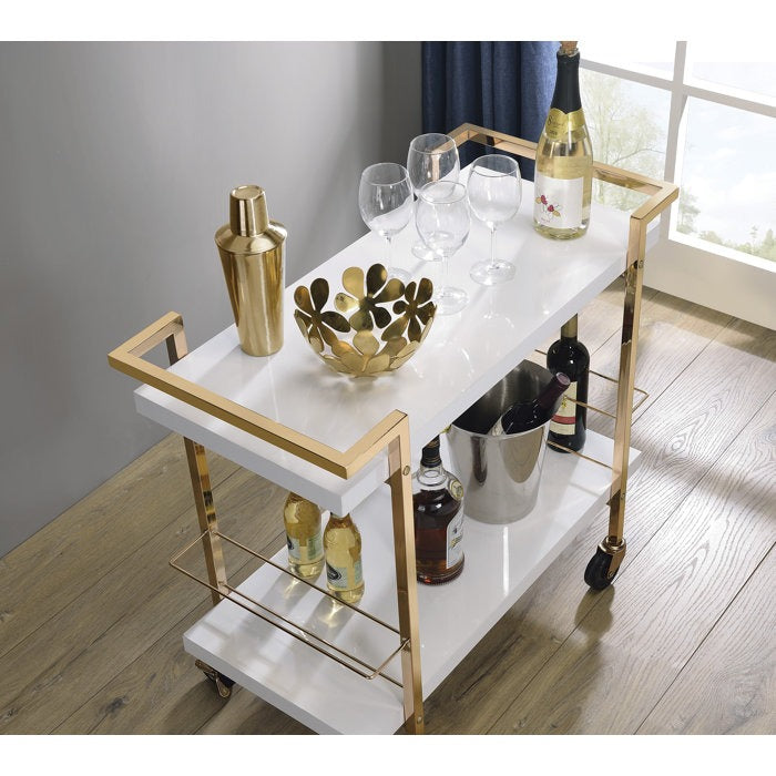 Rolling White Bar Trolley With Sophisticated Golden Metal Finish