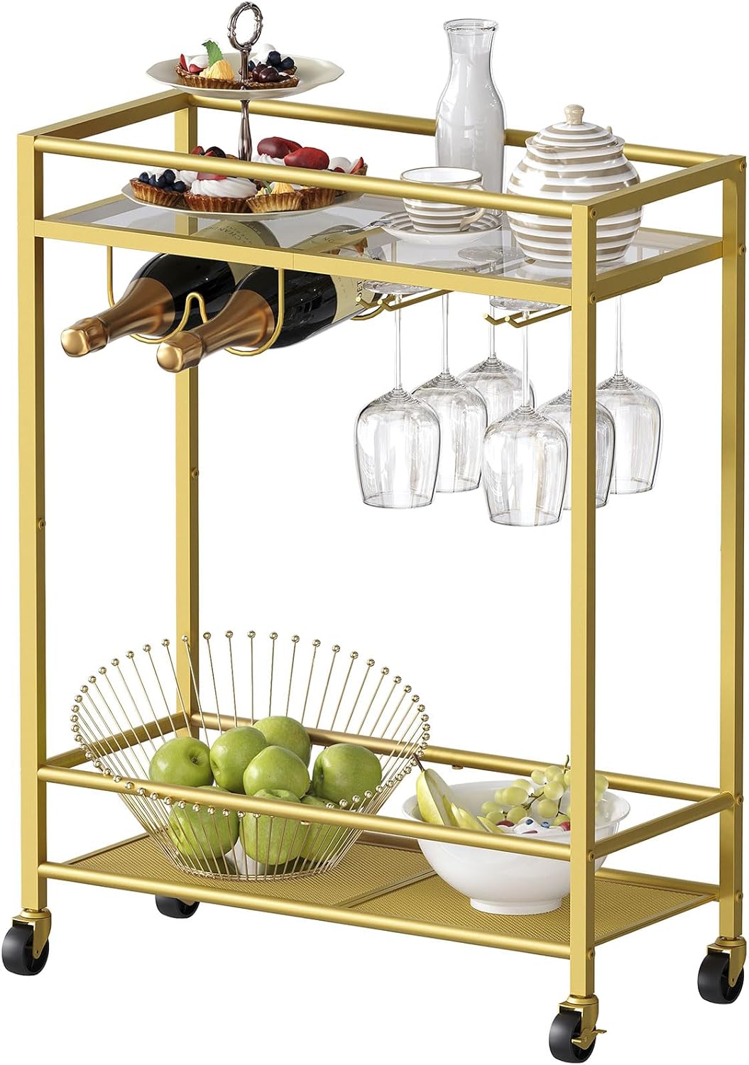 Sleek Gold Bar Cart Trolley With Wine Bottle Glass Racks